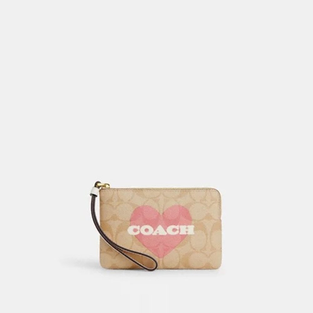 Coach Corner Zip Wristlet In Signature Canvas With Heart Print - NWT